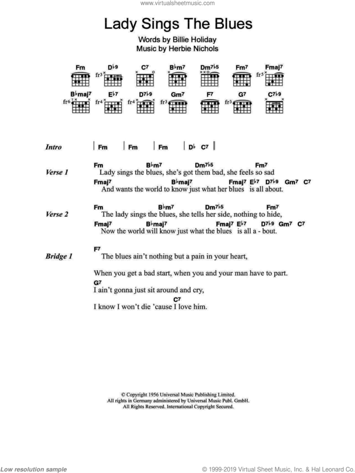 The Lady Sings The Blues sheet music for guitar (chords) by Billie Holiday and Herbie Nichols, intermediate skill level