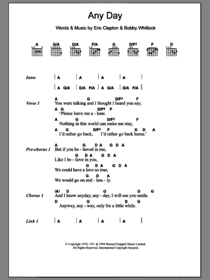 Any Day sheet music for guitar (chords) by Eric Clapton and Bobby Whitlock, intermediate skill level