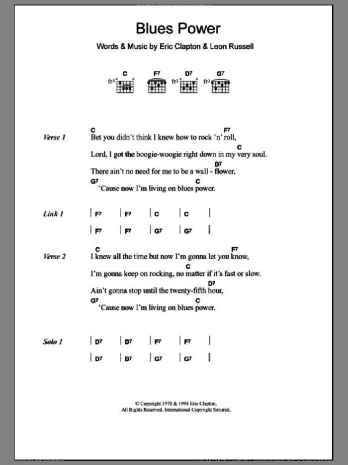 Blues Power sheet music for guitar (chords) by Eric Clapton and Leon Russell, intermediate skill level