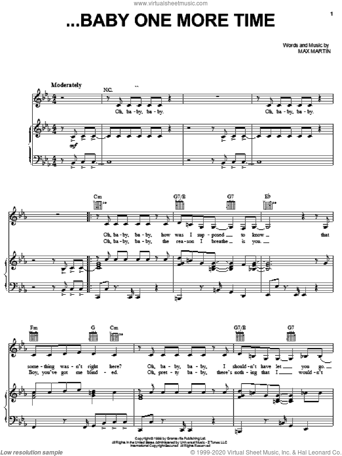 ...Baby One More Time sheet music for voice, piano or guitar by Britney Spears and Max Martin, intermediate skill level