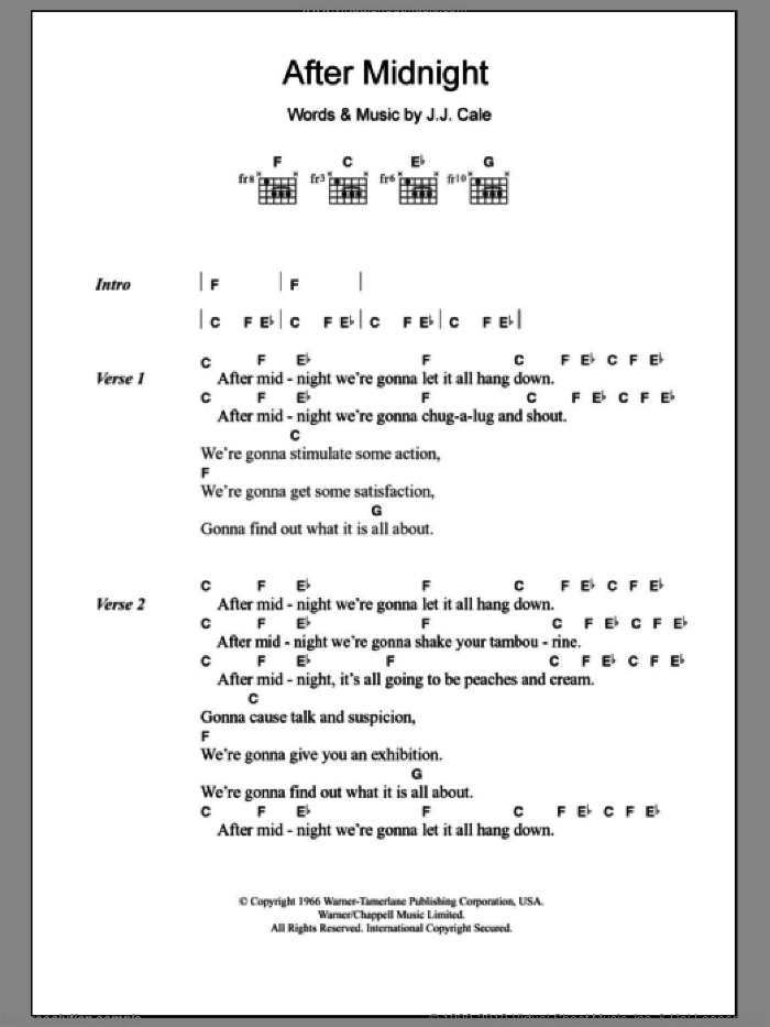 After Midnight sheet music for guitar (chords) by Eric Clapton and John Cale, intermediate skill level