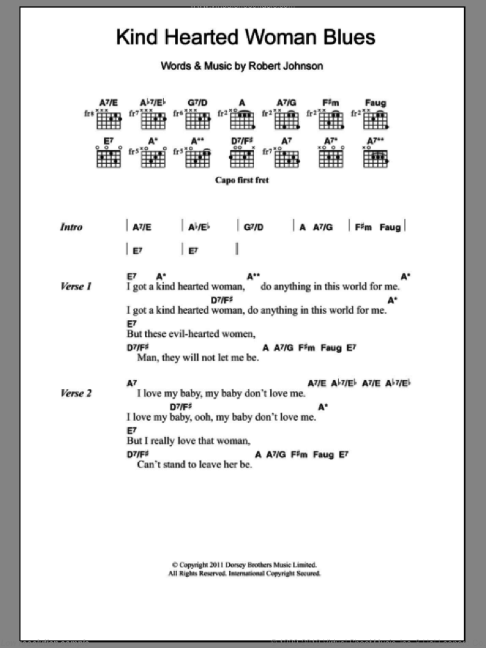 Kind Hearted Woman Blues sheet music for guitar (chords) by Robert Johnson, intermediate skill level