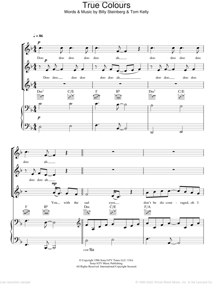 True Colours sheet music for choir (SSA: soprano, alto) by Glee Cast, Cyndi Lauper, Billy Steinberg and Tom Kelly, intermediate skill level