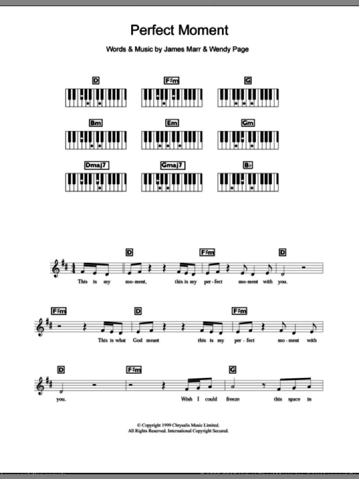 Perfect Moment sheet music for piano solo (chords, lyrics, melody) by Martine McCutcheon, James Marr and Wendy Page, wedding score, intermediate piano (chords, lyrics, melody)