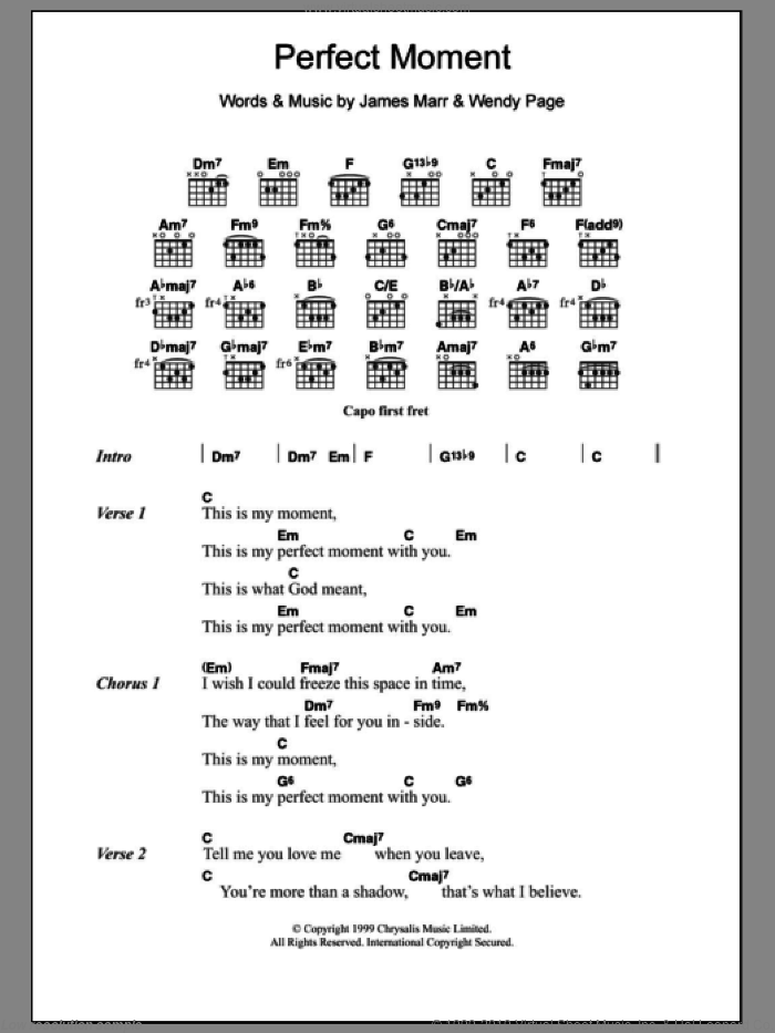 Perfect Moment sheet music for guitar (chords) by Martine McCutcheon, James Marr and Wendy Page, wedding score, intermediate skill level