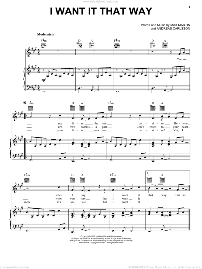 I Want It That Way sheet music for voice, piano or guitar by Backstreet Boys, Andreas Carlsson and Max Martin, intermediate skill level