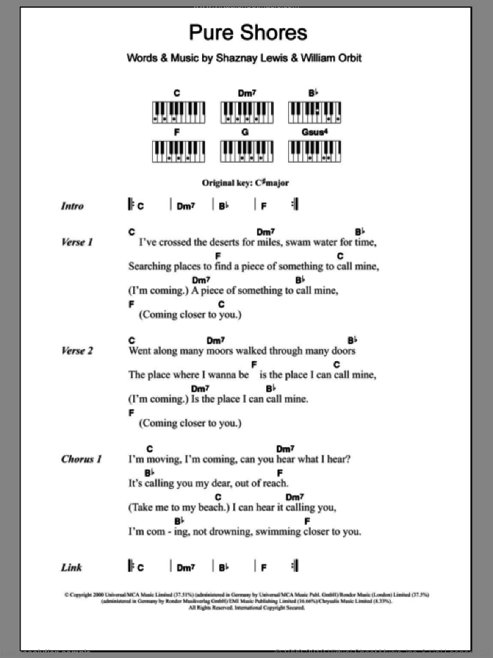 Pure Shores sheet music for piano solo (chords, lyrics, melody) by All Saints, Shaznay Lewis and William Orbit, intermediate piano (chords, lyrics, melody)