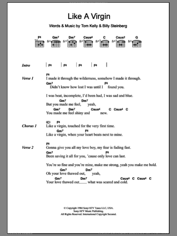 Like A Virgin sheet music for guitar (chords) by Madonna, Billy Steinberg and Tom Kelly, intermediate skill level