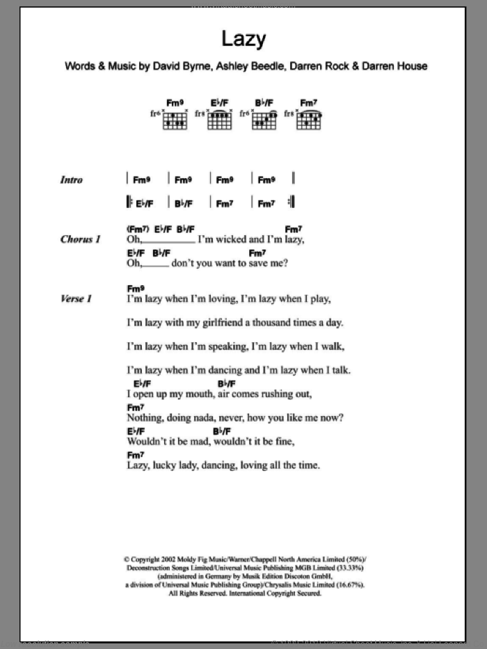 Lazy sheet music for guitar (chords) by David Byrne, X-Press 2, Ashley Beedle, Darren House and Darren Rock, intermediate skill level