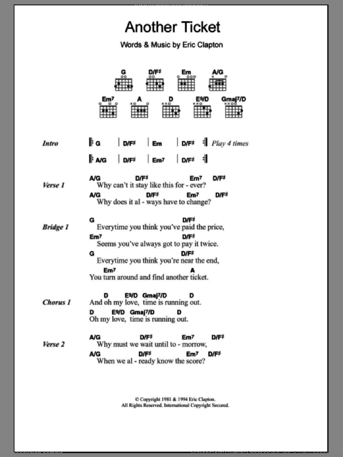 Another Ticket sheet music for guitar (chords) by Eric Clapton, intermediate skill level