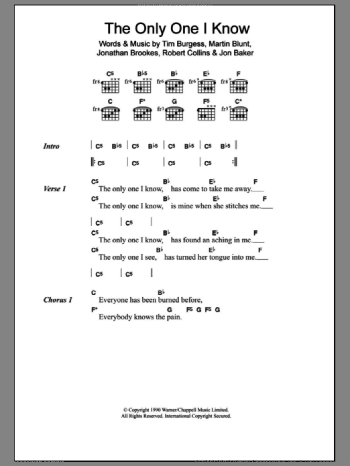 The Only One I Know sheet music for guitar (chords) by The Charlatans, Jon Baker, Jonathan Brookes, Martin Blunt, Robert Collins and Tim Burgess, intermediate skill level