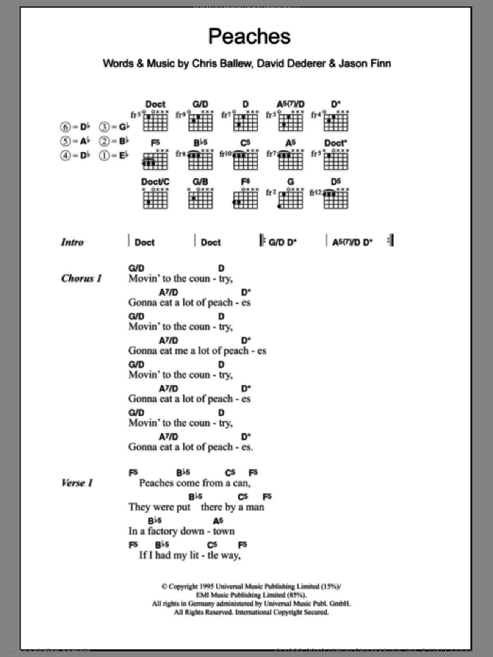 Peaches sheet music for guitar (chords) by Presidents Of The United States Of America, Chris Ballew, David Dederer and Jason Finn, intermediate skill level