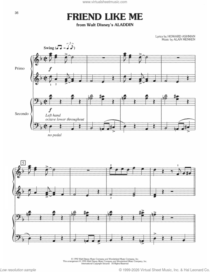 Friend Like Me (from Aladdin) sheet music for piano four hands by Alan Menken and Howard Ashman, intermediate skill level