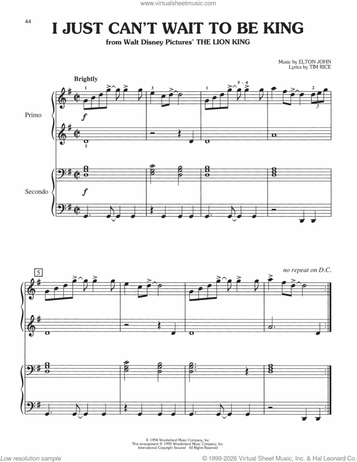 I Just Can't Wait To Be King (from Lion King) sheet music for piano four hands by Elton John and Tim Rice, intermediate skill level