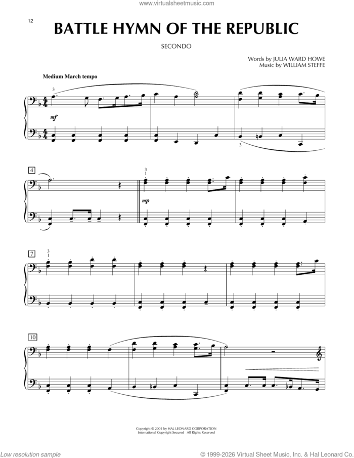 Battle Hymn Of The Republic sheet music for piano four hands by Julia Ward Howe and William Steffe, intermediate skill level