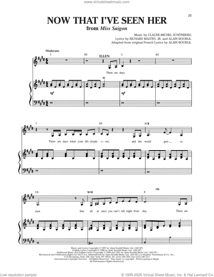 Now That I've Seen Her (from Miss Saigon) sheet music for voice and piano by Claude-Michel Schonberg, Claude-Michel Schonberg, Michel Legrand, Alain Boublil and Richard Maltby, Jr., intermediate skill level