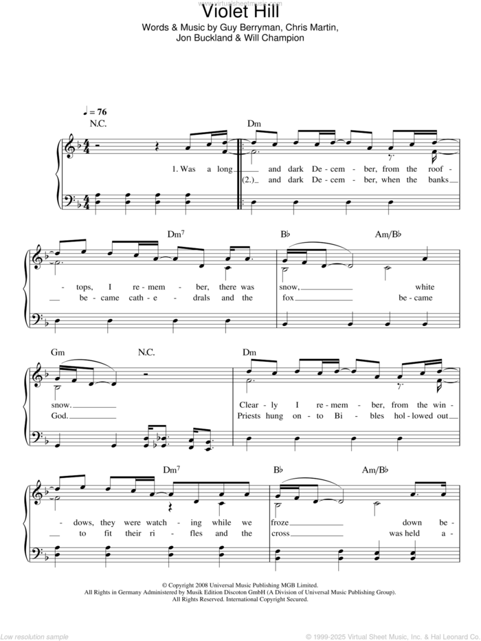 Violet Hill, (easy) sheet music for piano solo by Coldplay, Chris Martin, Guy Berryman, Jon Buckland and Will Champion, easy skill level