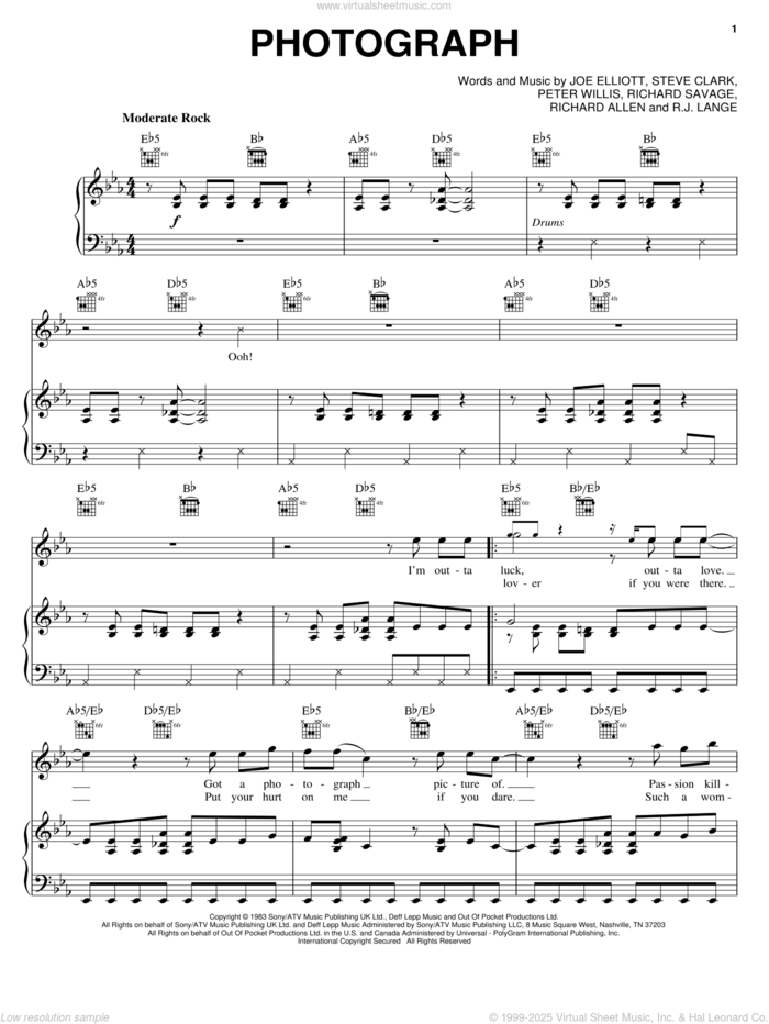Photograph sheet music for voice, piano or guitar by Def Leppard, Joe Elliott, Pete Willis, Rick Savage, Robert John Lange and Steve Clark, intermediate skill level