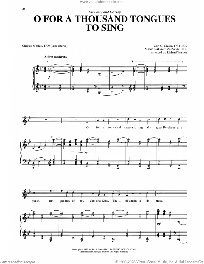 O For A Thousand Tongues To Sing (arr. Richard Walters) sheet music for voice and piano (High Voice) by Charles Wesley, Richard Walters, Carl G. Glaser and Lowell Mason, intermediate skill level
