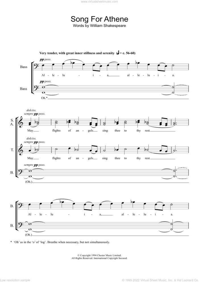 Song For Athene sheet music for choir (SATB: soprano, alto, tenor, bass) by John Tavener and William Shakespeare, intermediate skill level