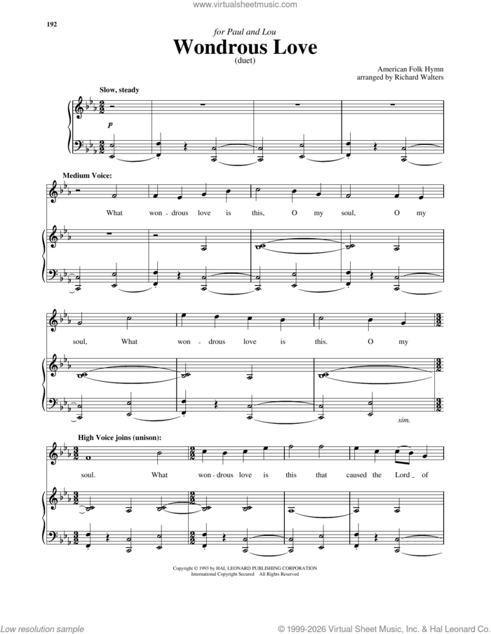 Wondrous Love (arr. Stanley and Walters) sheet music for two voices and piano , Bryan Stanley and Richard Walters, intermediate skill level