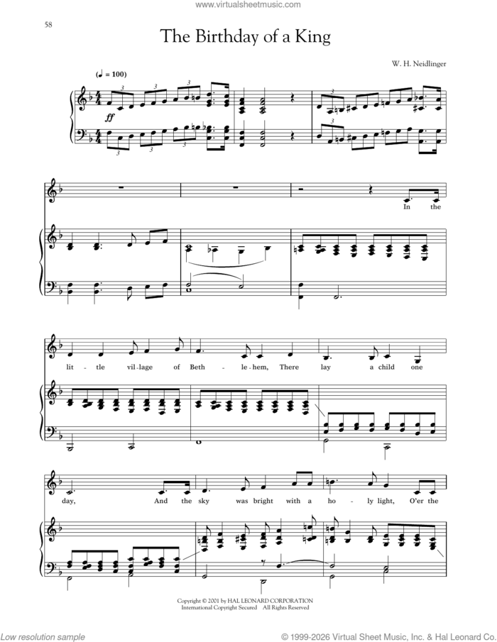 The Birthday Of A King (arr. Joan Frey Boytim) sheet music for voice and piano (Low Voice) by William Harold Neidlinger and Joan Frey Boytim, classical score, intermediate skill level