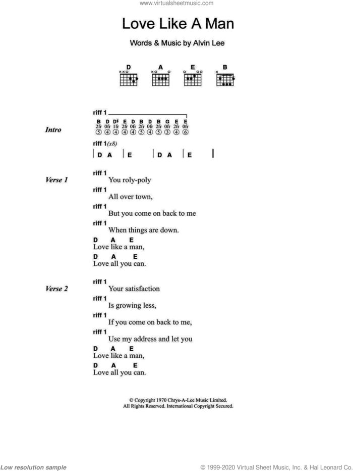 Love Like A Man sheet music for guitar (chords) by Ten Years After and Alvin Lee, intermediate skill level