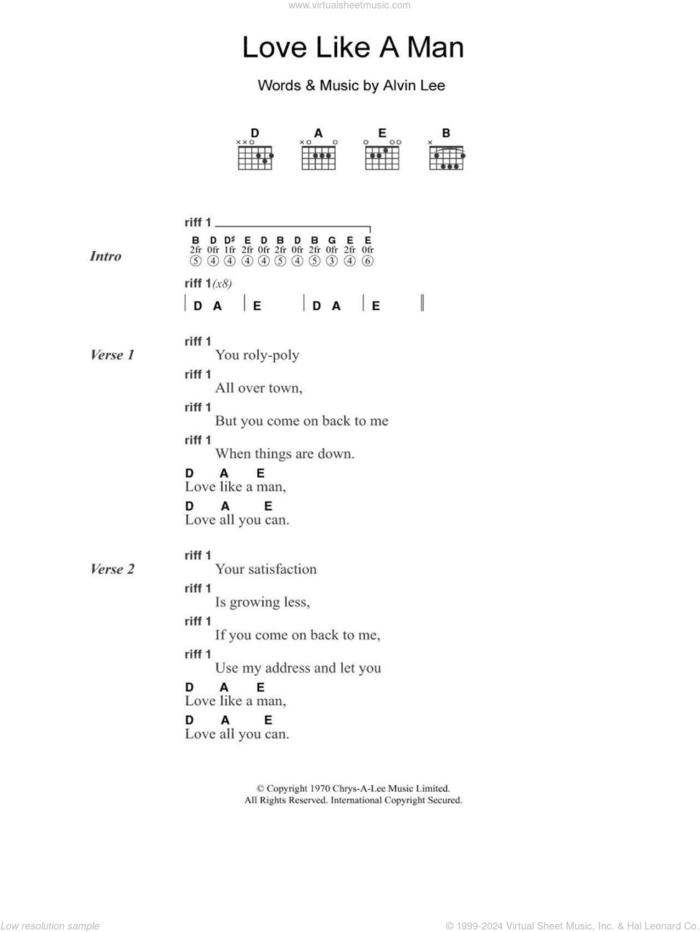 Love Like A Man sheet music for guitar (chords) by Ten Years After and Alvin Lee, intermediate skill level