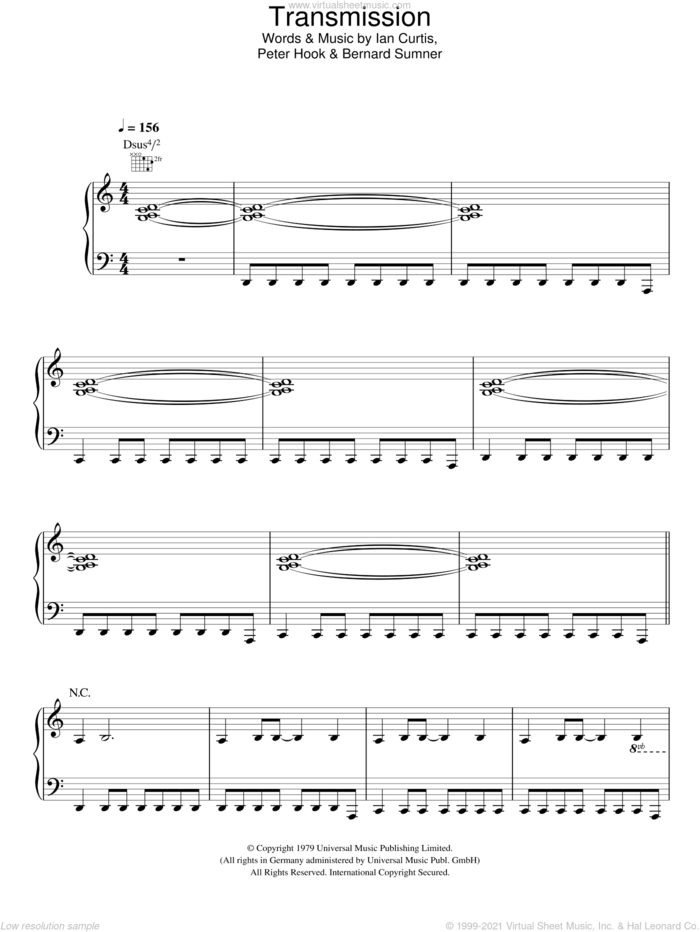 Transmission sheet music for voice, piano or guitar by Joy Division, Bernard Sumner, Ian Curtis, Peter Hook and Stephen Morris, intermediate skill level