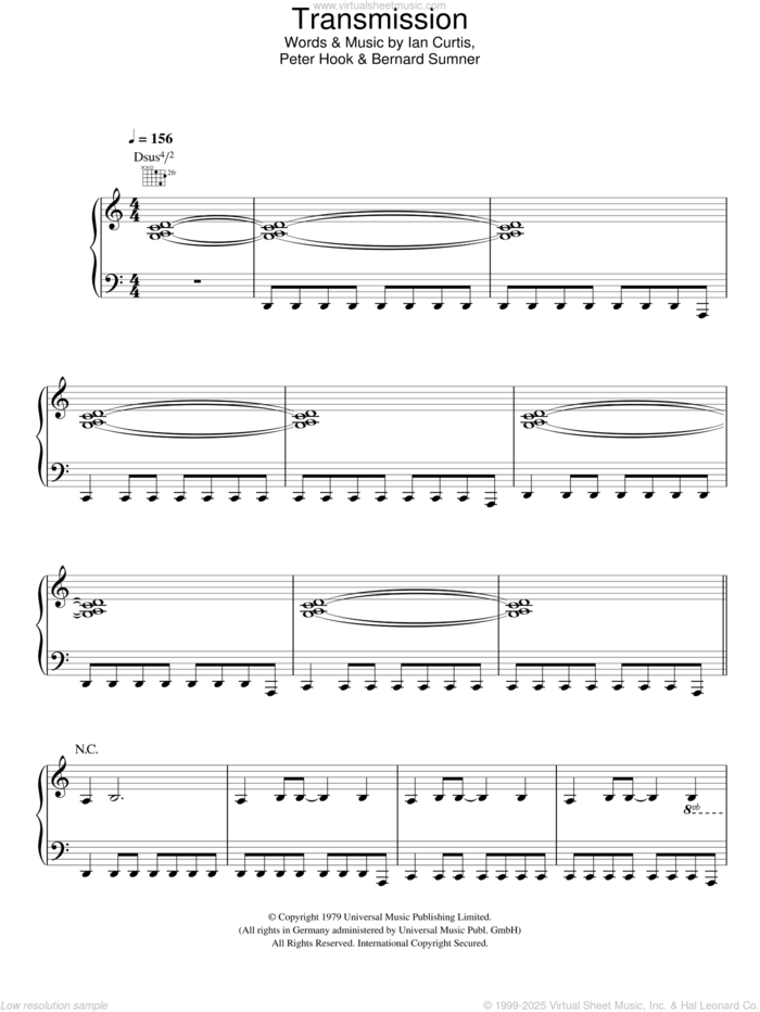 Transmission sheet music for voice, piano or guitar by Joy Division, Bernard Sumner, Ian Curtis, Peter Hook and Stephen Morris, intermediate skill level