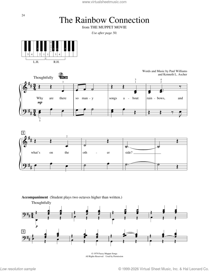 Rainbow Connection (from The Muppet Movie) sheet music for piano solo (elementary) by Kenneth L. Ascher and Paul Williams, beginner piano (elementary)
