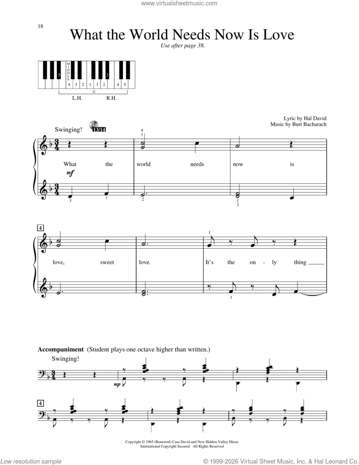 What The World Needs Now Is Love sheet music for piano solo (elementary) by Jackie DeShannon, Burt Bacharach and Hal David, beginner piano (elementary)