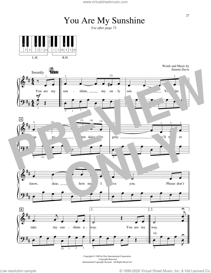 You Are My Sunshine sheet music for piano solo (elementary) by Ray Charles, Duane Eddy and Jimmie Davis, beginner piano (elementary)