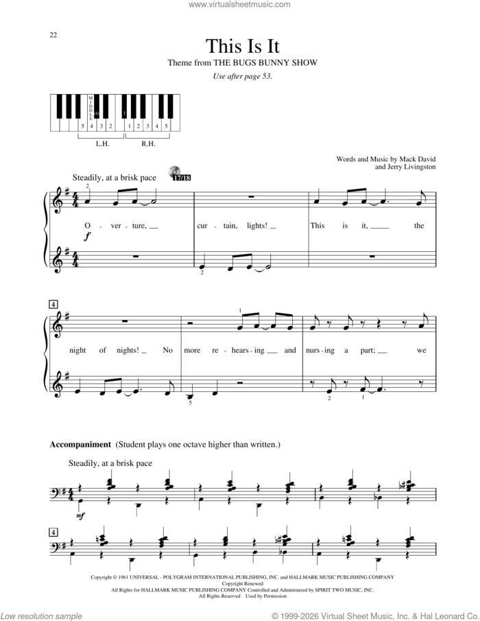 This Is It! (from The Bugs Bunny Show) sheet music for piano solo (elementary) by Mack David and Jerry Livingston, beginner piano (elementary)