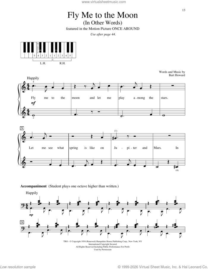 Fly Me To The Moon (In Other Words) sheet music for piano solo (elementary) by Tony Bennett, John Thompson and BART HOWARD, beginner piano (elementary)