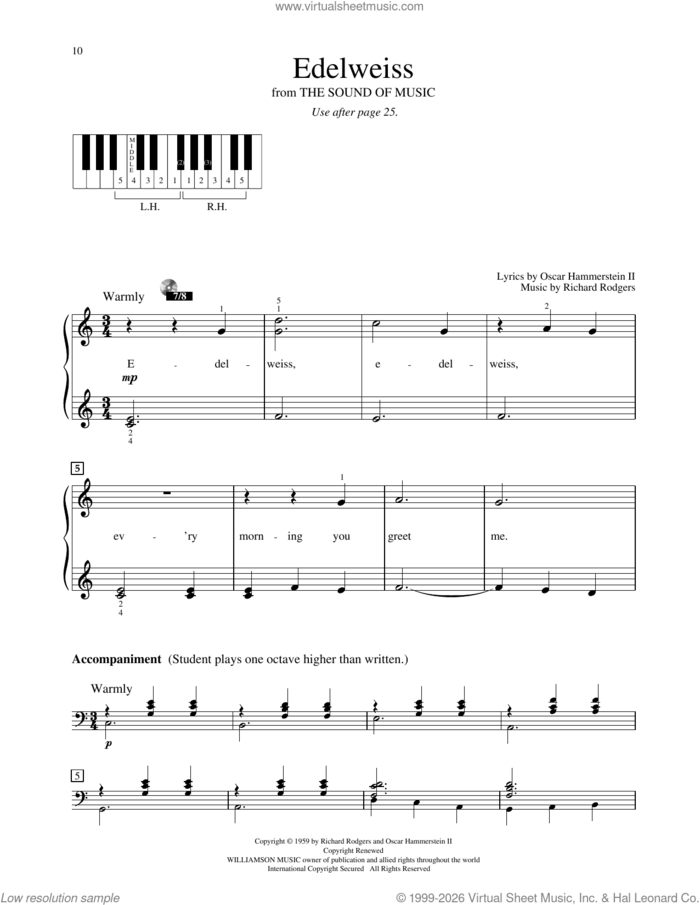 Edelweiss (from The Sound Of Music) sheet music for piano solo (elementary) by Rodgers & Hammerstein, Oscar II Hammerstein and Richard Rodgers, beginner piano (elementary)