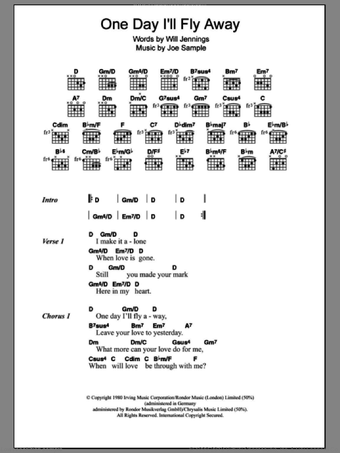 One Day I'll Fly Away sheet music for guitar (chords) by Will Jennings, Moulin Rouge (Movie), Nicole Kidman, Randy Crawford and Joe Sample, intermediate skill level
