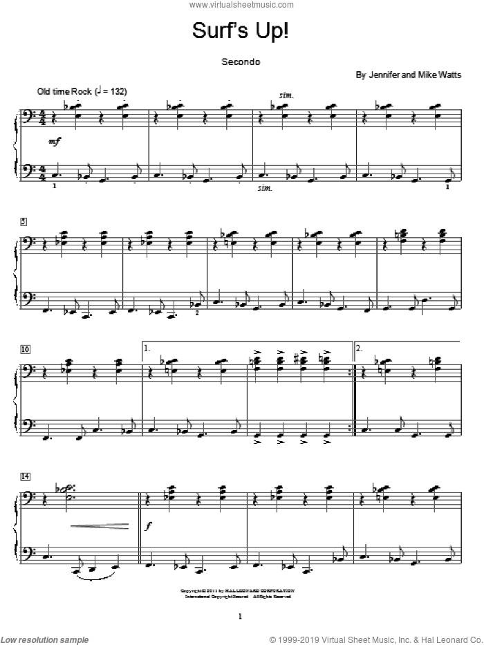 Surf's Up! sheet music for piano four hands by Jennifer Watts and Mike Watts, intermediate skill level