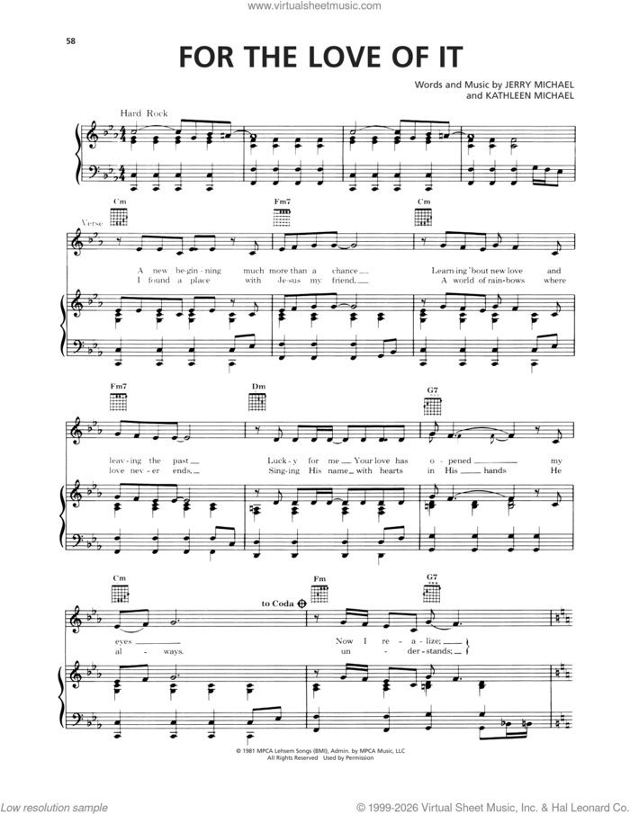 For The Love Of It sheet music for voice, piano or guitar by Jerry Michael and Kathleen Michael, intermediate skill level