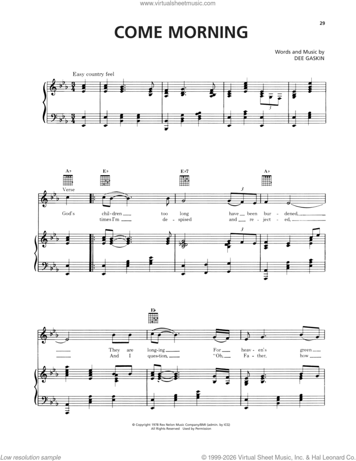 Come Morning sheet music for voice, piano or guitar by Dee Gaskin, intermediate skill level
