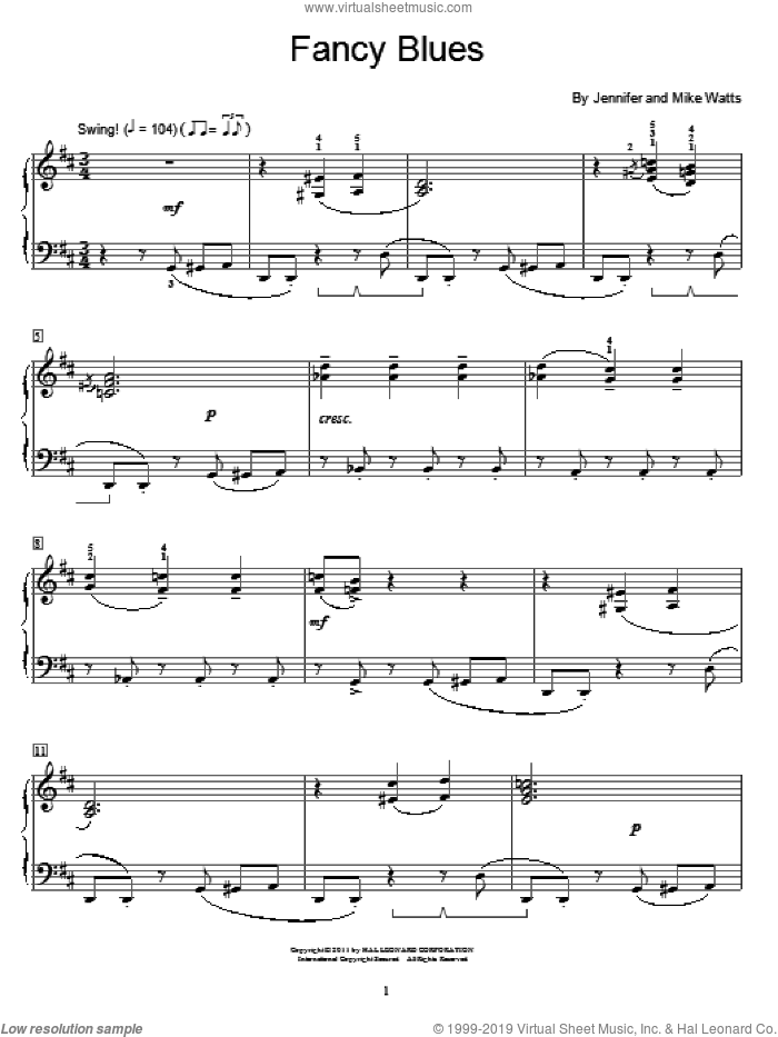 Fancy Blues sheet music for piano solo (elementary) by Jennifer Watts and Mike Watts, beginner piano (elementary)