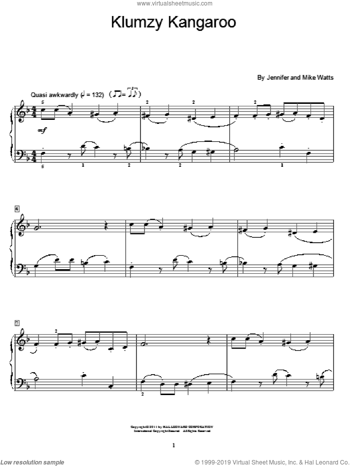 Klumzy Kangaroo sheet music for piano solo (elementary) by Jennifer Watts and Mike Watts, beginner piano (elementary)