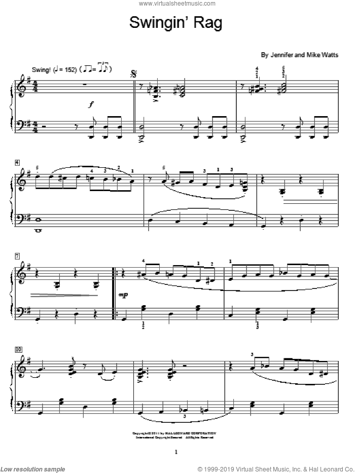 Swingin' Rag sheet music for piano solo (elementary) by Jennifer Watts and Mike Watts, beginner piano (elementary)