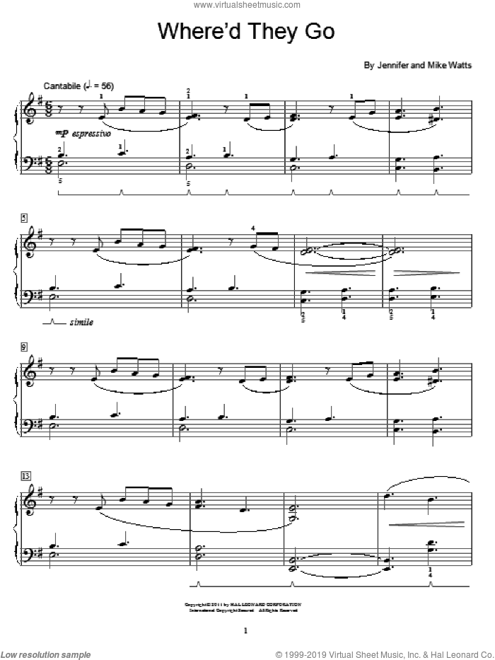 Where'd They Go sheet music for piano solo (elementary) by Jennifer Watts and Mike Watts, beginner piano (elementary)