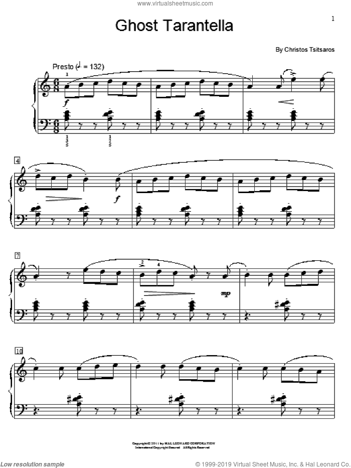 Ghost Tarantella sheet music for piano solo (elementary) by Christos Tsitsaros, beginner piano (elementary)