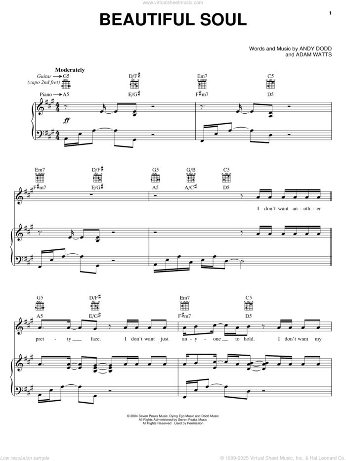 Beautiful Soul sheet music for voice, piano or guitar by Jesse McCartney, Adam Watts and Andy Dodd, intermediate skill level