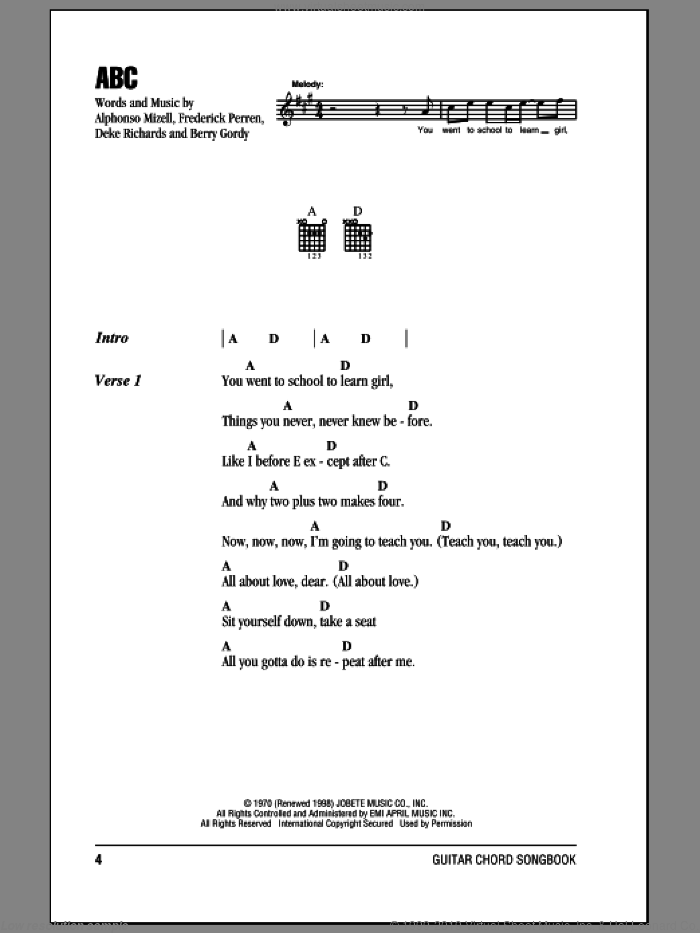 ABC sheet music for guitar (chords) by The Jackson 5, Michael Jackson, Alphonso Mizell, Berry Gordy, Deke Richards and Frederick Perren, intermediate skill level