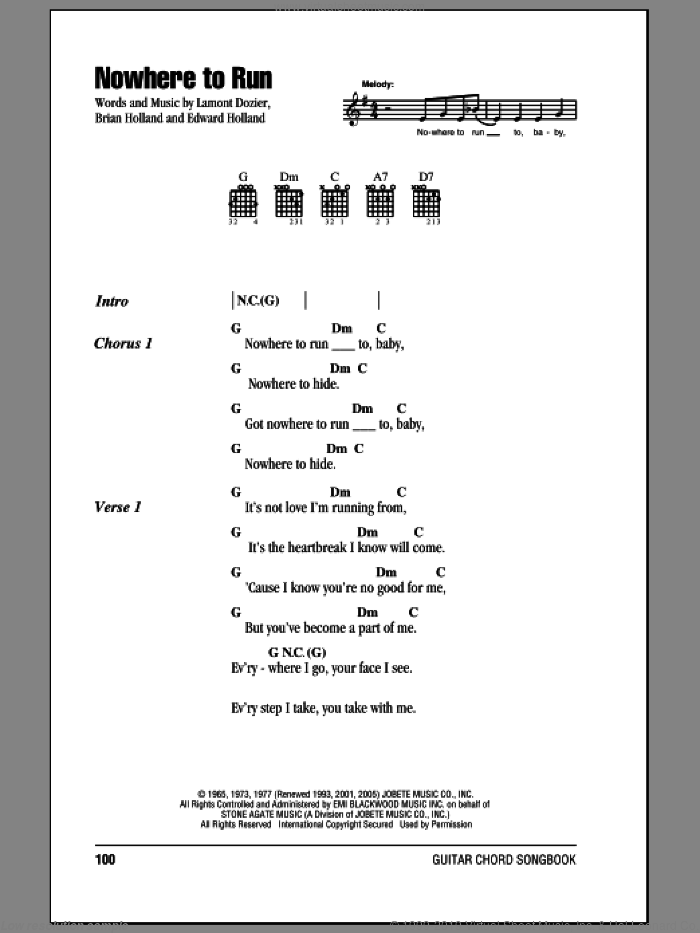 Nowhere To Run sheet music for guitar (chords) by Martha & The Vandellas, The Isley Brothers, Brian Holland, Eddie Holland and Lamont Dozier, intermediate skill level