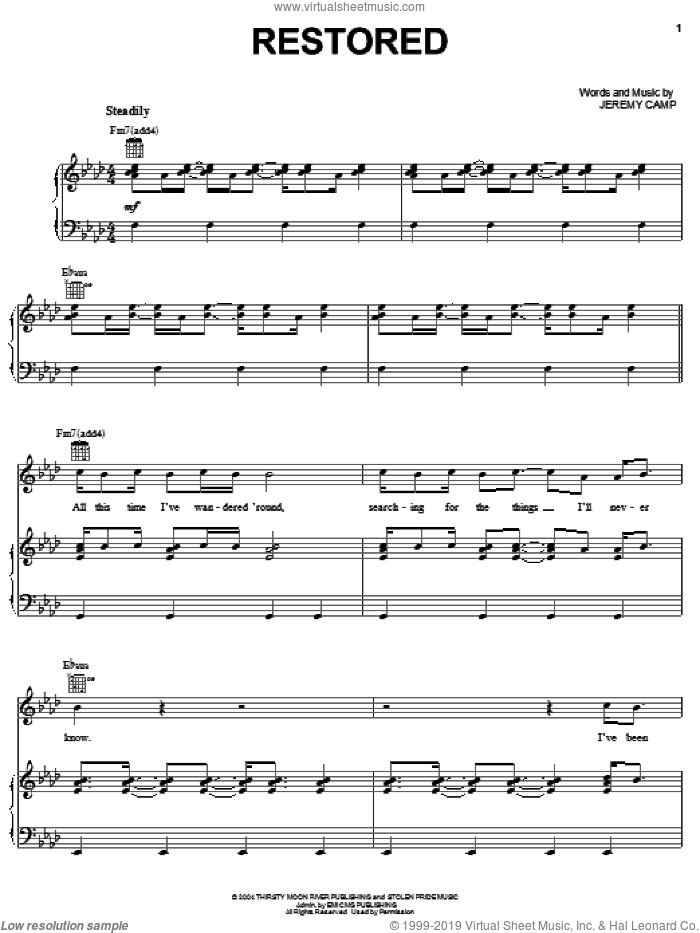 Restored sheet music for voice, piano or guitar by Jeremy Camp, intermediate skill level
