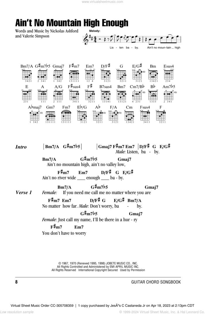 Ain't No Mountain High Enough sheet music for guitar (chords) by Marvin Gaye & Tammi Terrell, Diana Ross, Michael McDonald, Nickolas Ashford and Valerie Simpson, intermediate skill level